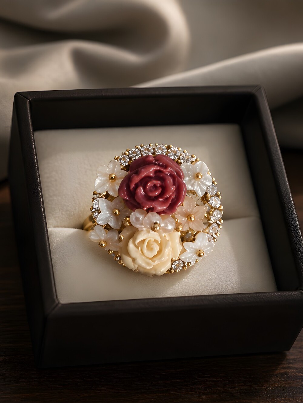 Ross-Simons statement ring features a lush floral "bouquet" 18KGOS, Size 8